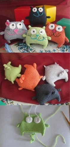 crocheted stuffed animals sitting on top of each other in different colors and sizes