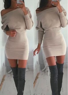 Style :Fashion Pattern Type :Solid Sleeve's Length :Long Sleeve Silhouette :Sheath Material :Cotton Blend Dress Length :Mini Size: XL Date Night Outfits, Bodycon Casual, Dresses Outfits, Khaki Dress, Looks Style, Thigh High Boots, Long Sleeve Mini Dress, Thigh High, Long Sleeve Maxi Dress