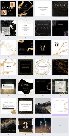 a bunch of black and white business cards with gold foil on the front, in different colors