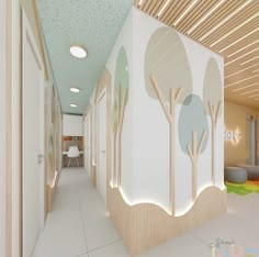 this is an image of a hallway with trees painted on the wall and lights hanging from the ceiling