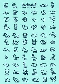 an animal icon set is shown on a blue background with the words, animals and their names