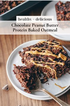 healthy and delicious chocolate peanut butter protein baked oatmeal on a white plate