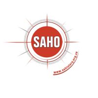 the saho logo is shown in red and white