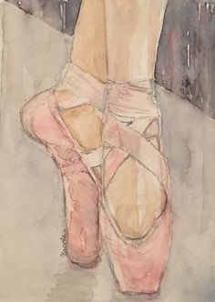 a watercolor painting of a ballerina's feet in pink ballet shoes on the ground