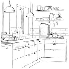 a kitchen with an oven, sink and shelves in the corner hand drawn sketch on white paper