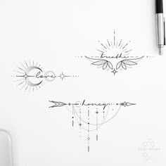 a pen and ink drawing of the sun and moon on a piece of white paper