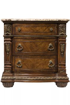 an ornate wooden dresser with marble top and handles on it's sides, against a white background