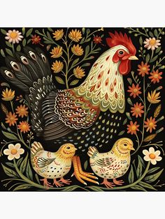 a painting of chickens and flowers on a black background with the words, roosters