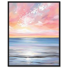 a painting of the ocean at sunset with pink and blue clouds in the sky above it