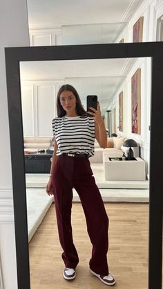 Burgundy Pants Outfit Work, Brown Straight Leg Pants, Leather Pants For Women, Colored Pants Outfits, Wine Pants