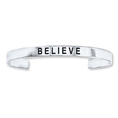 This pretty cuff bracelet for her, crafted in sterling silver, features the word "believe" in black enamel. Bracelet For Her, Kay Jewelers, Enamel Bracelet, Bracelet Sterling Silver, Black Enamel, White Metal, Bracelet Designs, Sterling Silver Bracelets, Fashion Bracelets