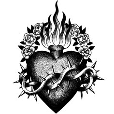 a heart with barbed wire around it and roses on the side, surrounded by tattoos