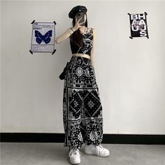 Retro+Gothic+Punk+Hippie+Boho+Print+Loose+Fits+Adorable+Baggy+Trousers+Y2K+Streetwear+Party+Amazing Measurement+ Vest Size+(cm):+M-L Length:72-74 Bust:28-28 Pants Size+(cm):+M-L Length:96-98 Waist:stretchy Color:Black NOTE: Please+note,+shipping+product+as+default+color+and+si... Summer Pants Women, High Waist Wide Leg Pants, Boho Print, Y2k Streetwear, Suit Fashion, Custom Dresses, Knee Length Dress, Fashion Pants, Suits For Women