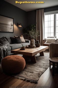 a living room filled with furniture and a wooden table in front of a large window