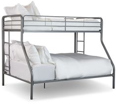 a metal bunk bed with white sheets and pillows on it's bottom shelf, against a white background