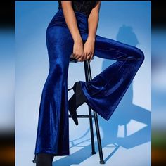 Elegant Velvet Flare Leg Pants; High Waisted & High Stretch, Machine Wash. Gorgeous Is Blue Glamorous Blue Bottoms For Night Out, Glamorous Blue Pants For Party, Glamorous Blue Party Pants, Chic Blue Flare Wide Leg Pants, Blue Full-length Evening Pants, Blue Full Length Evening Pants, Glamorous Flared Fitted Bottoms, Elegant Blue Flare Bottoms, Glamorous Fitted Flare Bottoms