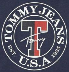 the tommy jean's logo is shown in red, white and blue on a black shirt