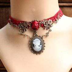 New Red Lace Rose Flower Cameo Pendant Necklace Choker Jewelry Cameo Choker, Rose Choker, Lace Choker Necklace, Women Choker Necklace, Crystal Lace, Cheap Necklaces, Womens Chokers, Lace Necklace, Casual Cosplay