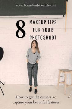 a woman standing in front of a blackboard with the words 8 makeup tips for your photoshoot