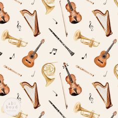 watercolor musical instruments and music notes on a white background, seamless wallpaper