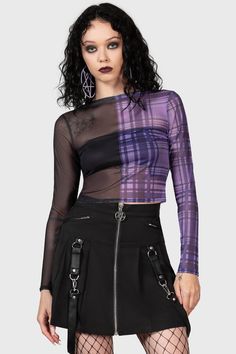 SWEET NIGHTMARE.- Soft, stretch mesh.- Statement half and half design with purple and green tartan.- Long sleeves.- Cropped.- Fitted.with KILLSTAR branding, Fabric 1: 95% Polyester, 5% Elastane. Fabric 2: 95% Polyester, 5% Elastane.Machine wash cold (30°c) / Do not bleach / Do not tumble dry / Iron at low temperature / Do not dry clean. Imported. Purple Fishnet Top, Tartan Material, Metal Outfit, Fishnet Top, Black Top, Womens Long Sleeve Shirts, T Shirt Top, Women Long Sleeve, Fashion Nova