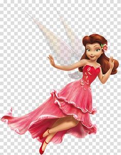 a cartoon fairy flying through the air with her pink dress and flower in her hair