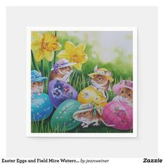 an easter card with three little mice in colorful eggs and daffodils on the grass