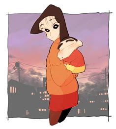 a woman holding a baby in her arms with the sky behind her and buildings lit up