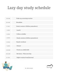 the lazy day study schedule is shown with an image of a person sitting on a chair