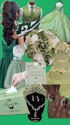 a collage of green and white wedding dresses, accessories, and jewelry for the bride