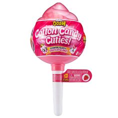 a pink candy lollipop sitting on top of a white pole with the word cotton candy