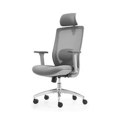 an office chair with wheels on the back and seat upholstered in grey fabric