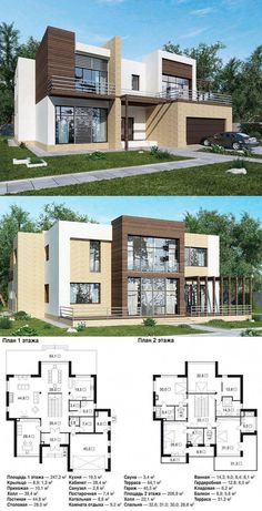 two story house plans with different levels and floor plans for the front, back and side