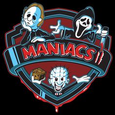 the logo for mania's with skeletons and skeleton heads on it, as well as two