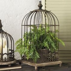 two metal bird cages with candles and plants in them