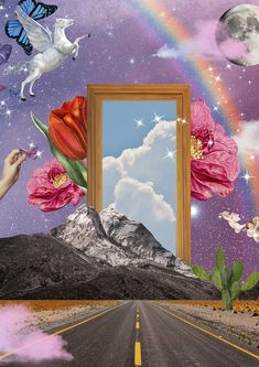 an open window with flowers, butterflies and a rainbow in the sky over a desert road