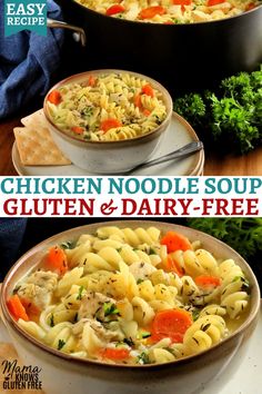 chicken noodle soup with gluten and dairy - free noodles in two bowls