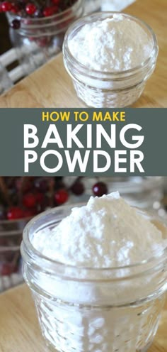 two small bowls filled with baking powder on top of a wooden table next to cranberries