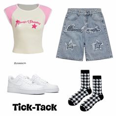 illit tick tack inspired outfit #illit #kpop #ticktack #yunah #minju #moka #wonhee #iroha #bermuda #star #socks #af1 #airforceone Illit Tick Tack Outfit, Illit Inspired Outfits, Wonhee Outfit, Illit Outfits, Illit Kpop, Star Socks, Tick Tack, Project 2025, Cute Jeans