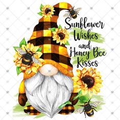 a gnome with sunflowers and bees on it's head is surrounded by flowers