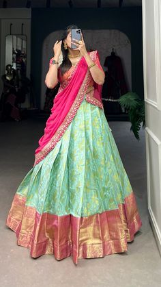 Look amazing adorning sky blue color jacquard silk lehenga choli with beautiful zari weaving work.
Wear this beautiful lehenga at family function and traditional look. South Lehenga, South Indian Lehenga Choli, Blue Color Lehenga, Saree Pattu, New Lehenga, Rakhi Special