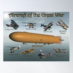 an airplane poster with different types of aircraft in the sky and below it, there are several planes