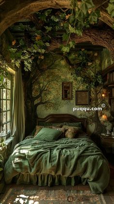 a bed sitting under a tree filled ceiling next to a window in a room with green walls