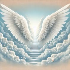 an artistic painting of two white angel wings in the sky with stairs leading up to them