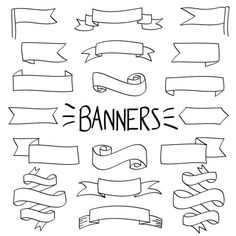 hand drawn banners and ribbons with the word banner on them in black ink stock illustration