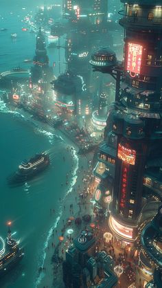 an aerial view of a futuristic city at night