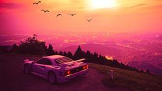 a white sports car parked on top of a hill near the ocean with birds flying overhead