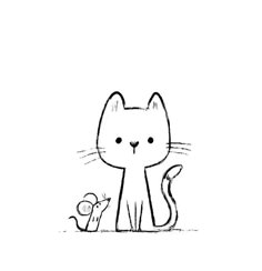 a black and white drawing of a cat sitting next to a small mouse on the ground