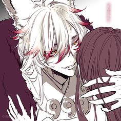 two anime characters hugging each other in front of a white and black background with red eyes