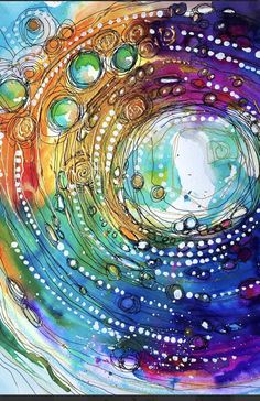 an abstract painting with circles and bubbles in blue, green, yellow and purple colors